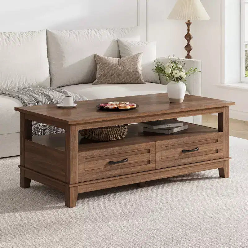 Coffee table with drawers, 47.2 inches, country style, with open shelving and 6 support legs.