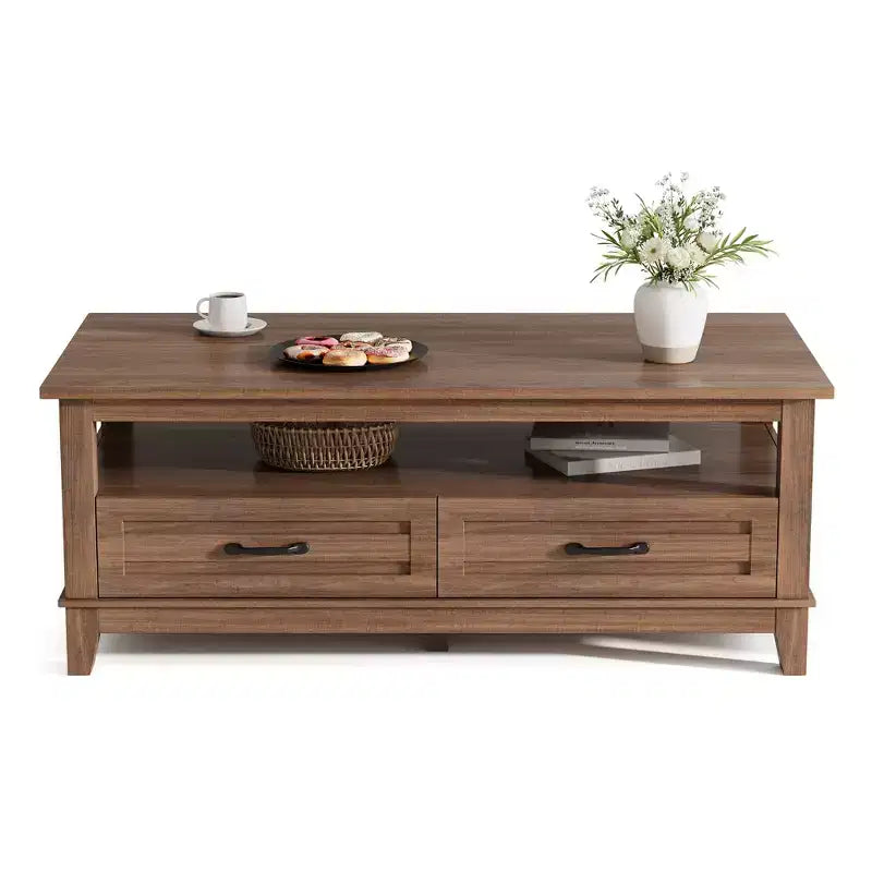 Coffee table with drawers, 47.2 inches, country style, with open shelving and 6 support legs.