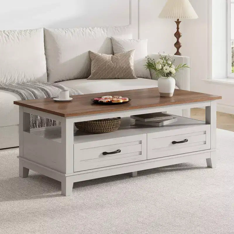 Coffee table with drawers, 47.2 inches, country style, with open shelving and 6 support legs.