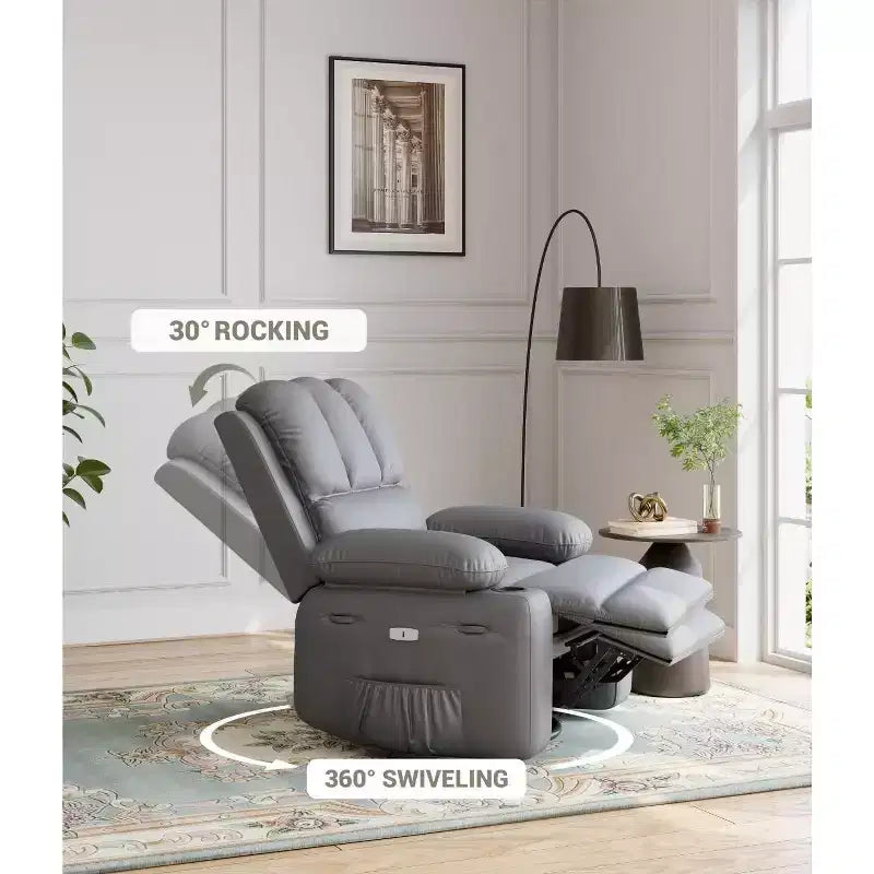 Oversized Manual Swivel Rocker Recliner Chair w/Heat & Massage, Faux Leather Padded Swivel Lazy Boy Reclining Sofa for Adults