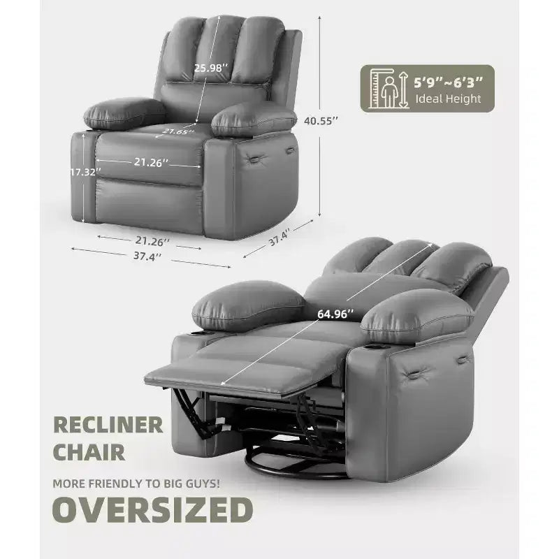 Oversized Manual Swivel Rocker Recliner Chair w/Heat & Massage, Faux Leather Padded Swivel Lazy Boy Reclining Sofa for Adults
