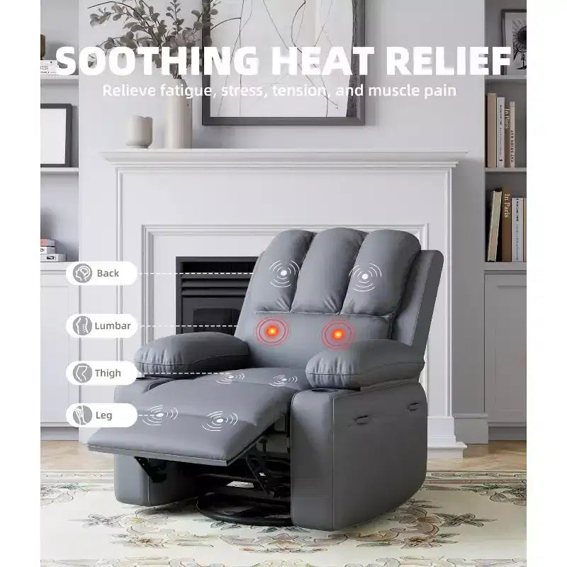 Oversized Manual Swivel Rocker Recliner Chair w/Heat & Massage, Faux Leather Padded Swivel Lazy Boy Reclining Sofa for Adults