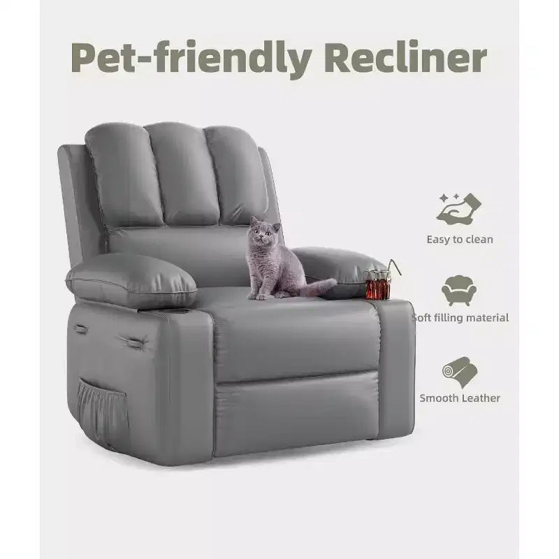Oversized Manual Swivel Rocker Recliner Chair w/Heat & Massage, Faux Leather Padded Swivel Lazy Boy Reclining Sofa for Adults