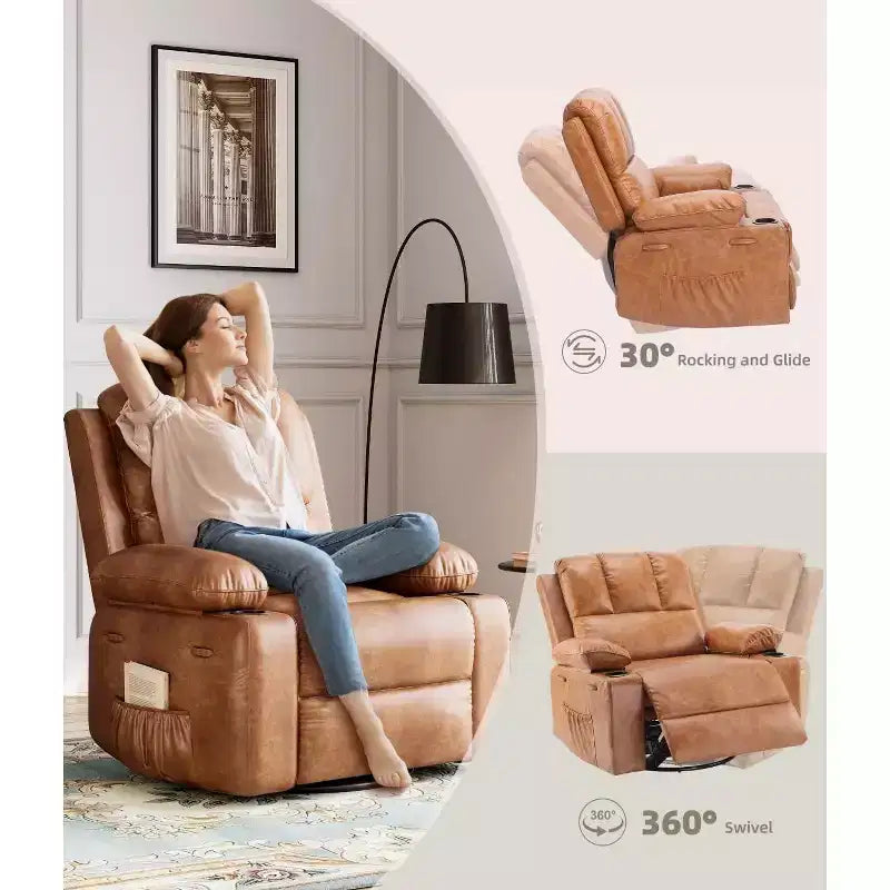 Oversized Manual Swivel Rocker Recliner Chair w/Heat & Massage, Faux Leather Padded Swivel Lazy Boy Reclining Sofa for Adults
