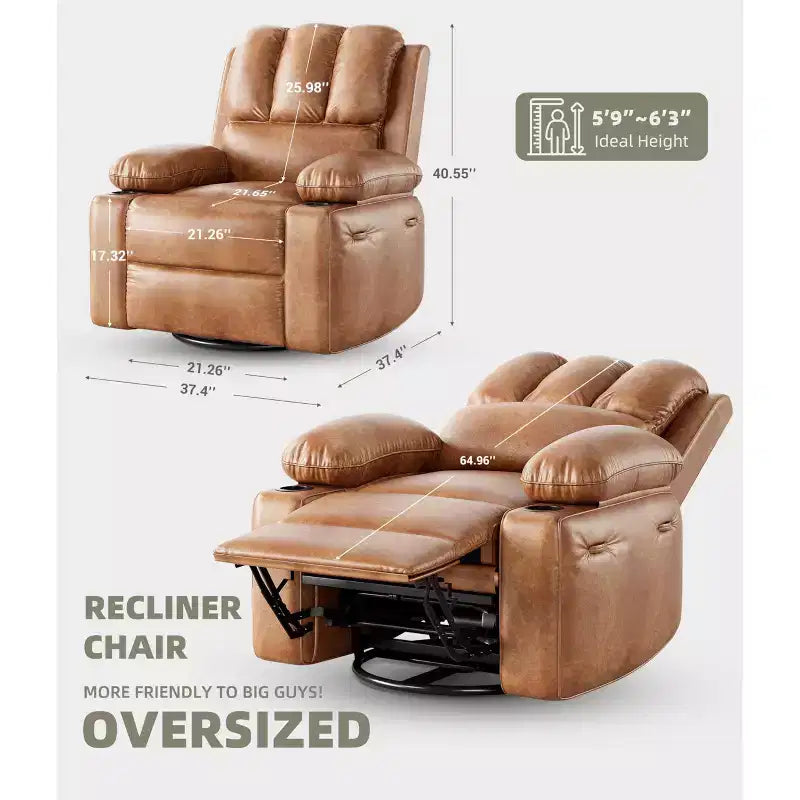 Oversized Manual Swivel Rocker Recliner Chair w/Heat & Massage, Faux Leather Padded Swivel Lazy Boy Reclining Sofa for Adults