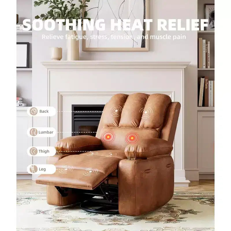 Oversized Manual Swivel Rocker Recliner Chair w/Heat & Massage, Faux Leather Padded Swivel Lazy Boy Reclining Sofa for Adults