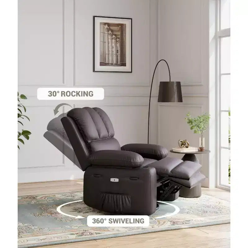 Oversized Manual Swivel Rocker Recliner Chair w/Heat & Massage, Faux Leather Padded Swivel Lazy Boy Reclining Sofa for Adults