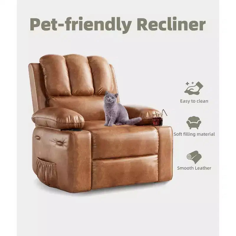 Oversized Manual Swivel Rocker Recliner Chair w/Heat & Massage, Faux Leather Padded Swivel Lazy Boy Reclining Sofa for Adults