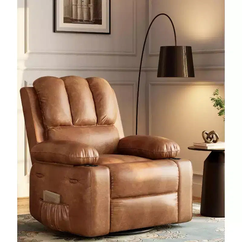 Oversized Manual Swivel Rocker Recliner Chair w/Heat & Massage, Faux Leather Padded Swivel Lazy Boy Reclining Sofa for Adults