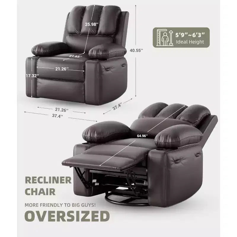 Oversized Manual Swivel Rocker Recliner Chair w/Heat & Massage, Faux Leather Padded Swivel Lazy Boy Reclining Sofa for Adults