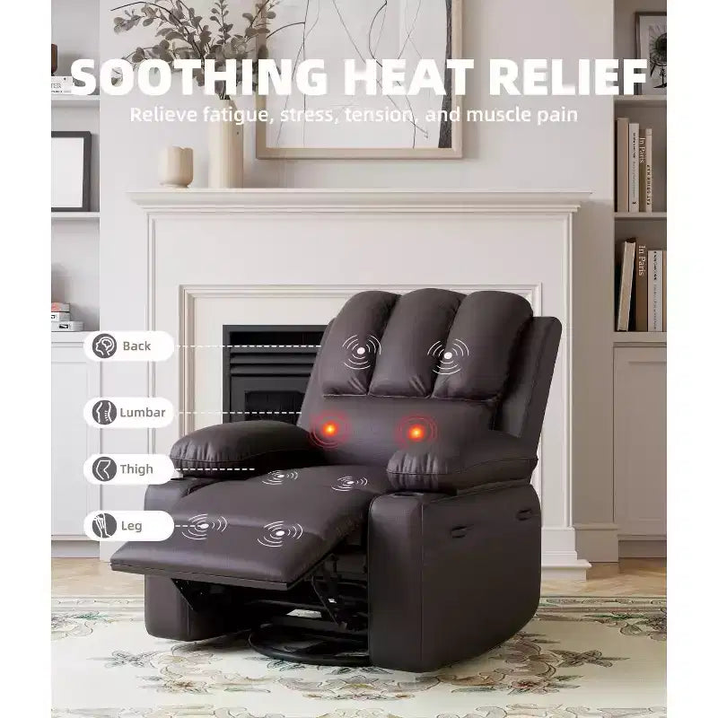 Oversized Manual Swivel Rocker Recliner Chair w/Heat & Massage, Faux Leather Padded Swivel Lazy Boy Reclining Sofa for Adults