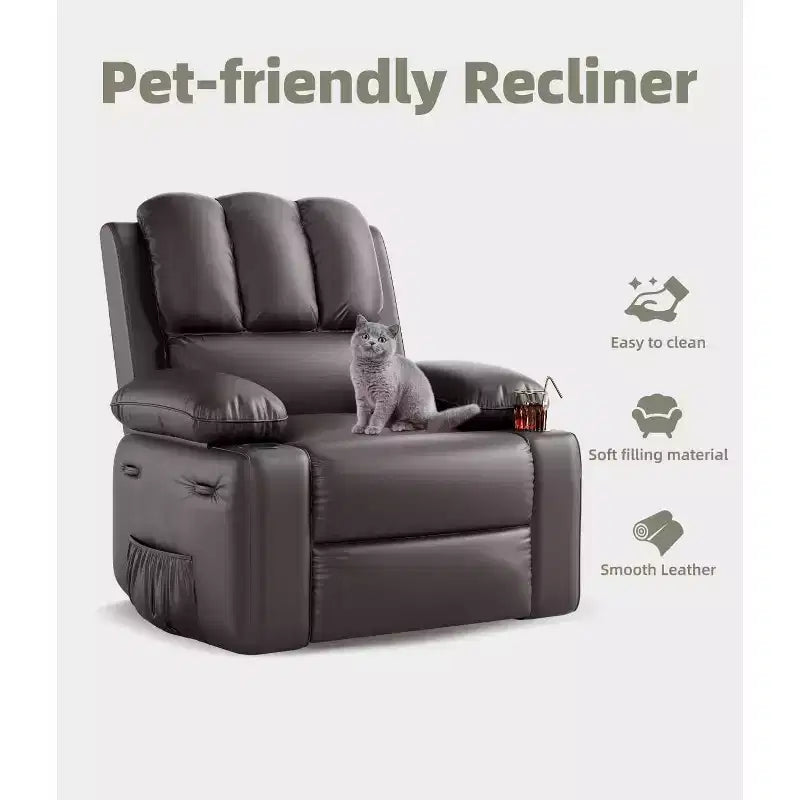 Oversized Manual Swivel Rocker Recliner Chair w/Heat & Massage, Faux Leather Padded Swivel Lazy Boy Reclining Sofa for Adults