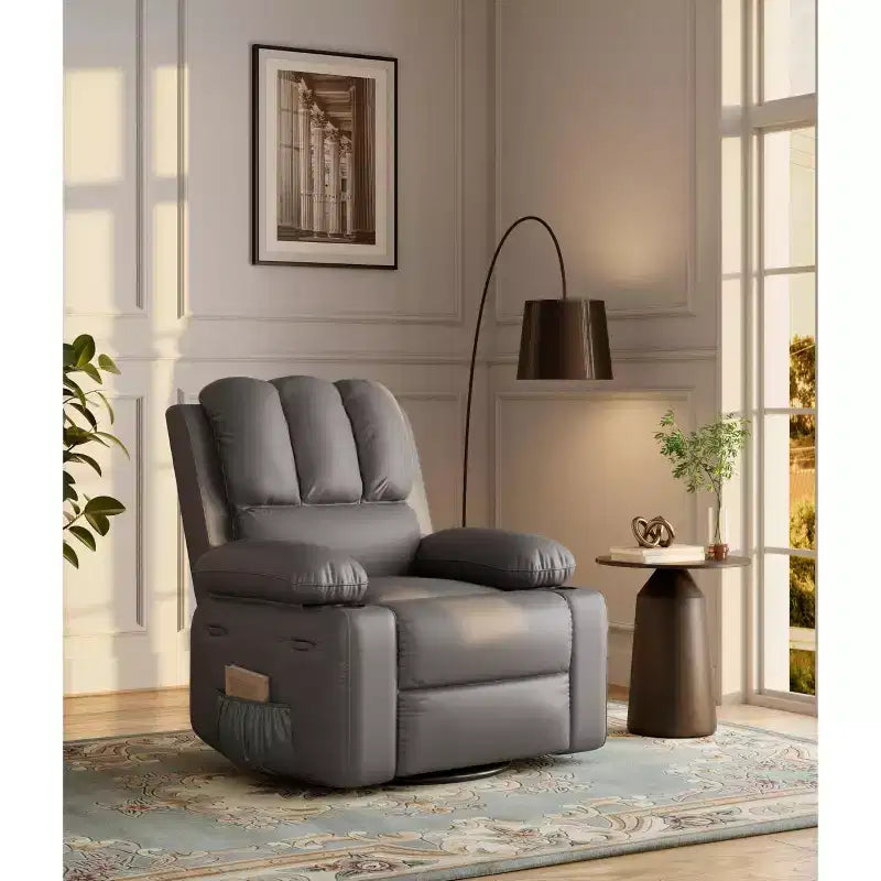 Oversized Manual Swivel Rocker Recliner Chair w/Heat & Massage, Faux Leather Padded Swivel Lazy Boy Reclining Sofa for Adults