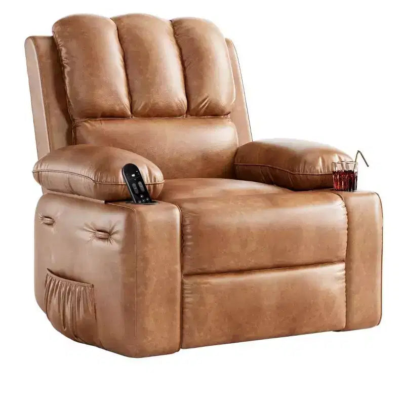 Oversized Manual Swivel Rocker Recliner Chair w/Heat & Massage, Faux Leather Padded Swivel Lazy Boy Reclining Sofa for Adults