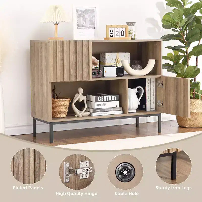 Semi-Open Sideboard ,39.4 Wave Pattern Buffet Cabinet with Metal Legs, Oak Brown & Black Console Table for Living Room, Dining Room,Entryway Storage