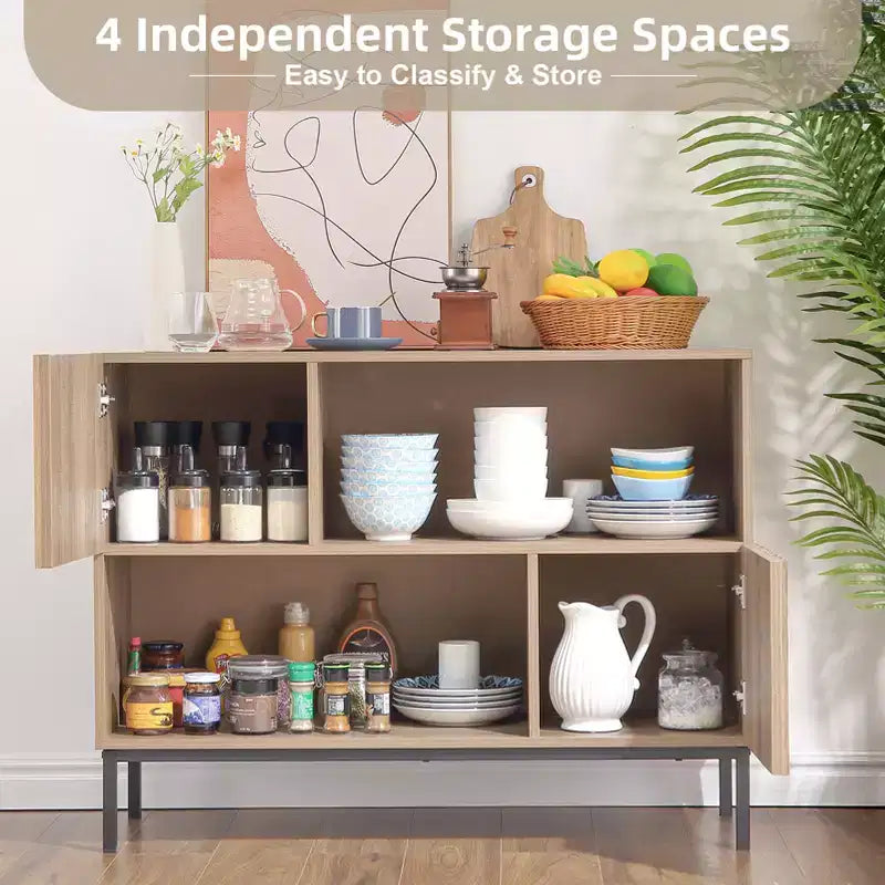 Semi-Open Sideboard ,39.4 Wave Pattern Buffet Cabinet with Metal Legs, Oak Brown & Black Console Table for Living Room, Dining Room,Entryway Storage