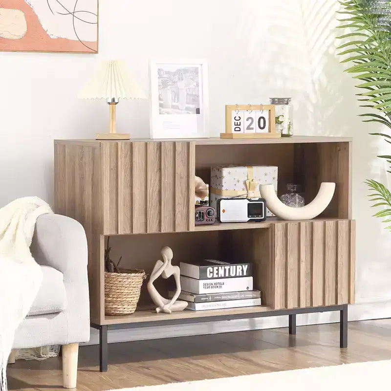 Semi-Open Sideboard ,39.4 Wave Pattern Buffet Cabinet with Metal Legs, Oak Brown & Black Console Table for Living Room, Dining Room,Entryway Storage