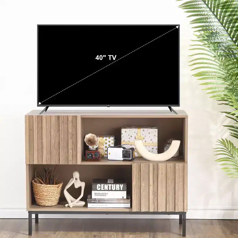Semi-Open Sideboard ,39.4 Wave Pattern Buffet Cabinet with Metal Legs, Oak Brown & Black Console Table for Living Room, Dining Room,Entryway Storage