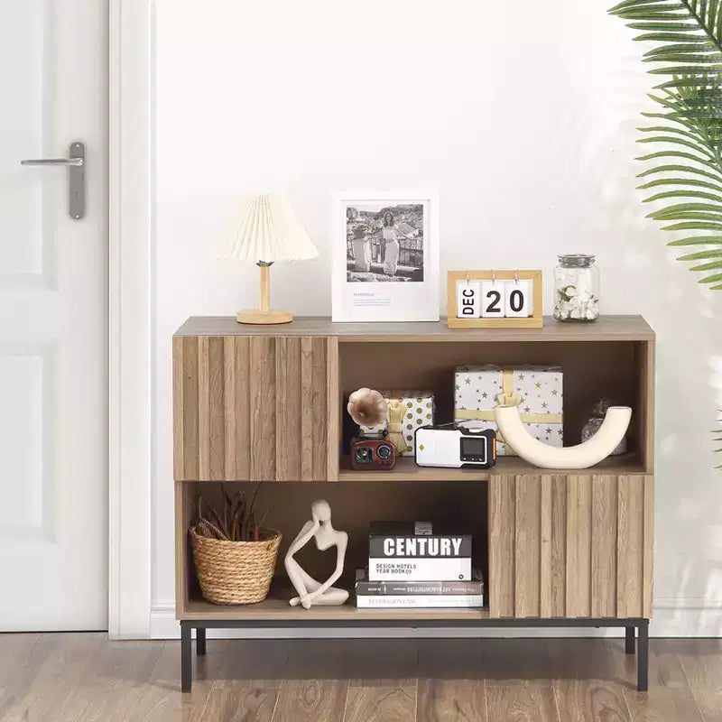 Semi-Open Sideboard ,39.4 Wave Pattern Buffet Cabinet with Metal Legs, Oak Brown & Black Console Table for Living Room, Dining Room,Entryway Storage