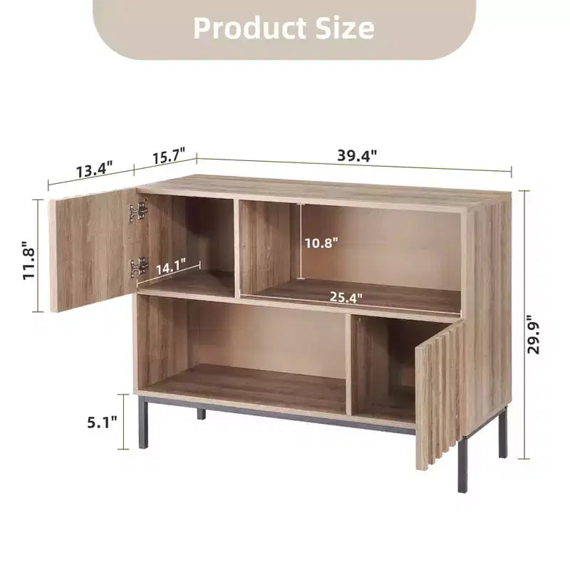 Semi-Open Sideboard ,39.4 Wave Pattern Buffet Cabinet with Metal Legs, Oak Brown & Black Console Table for Living Room, Dining Room,Entryway Storage