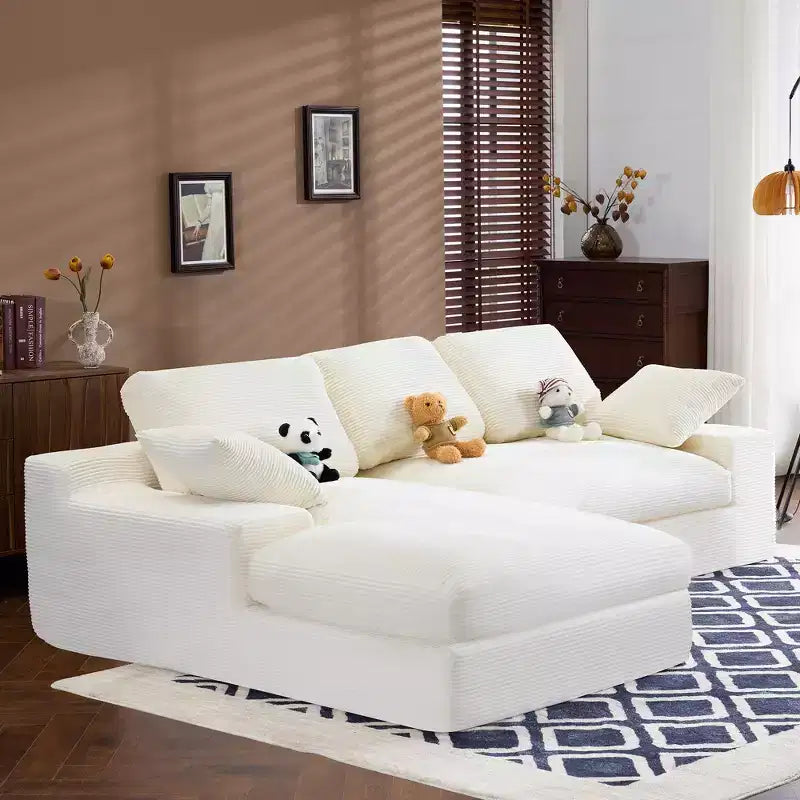 White Corduroy Comfy Sofa w/ 5 Cushions Cozy Living Room Essential