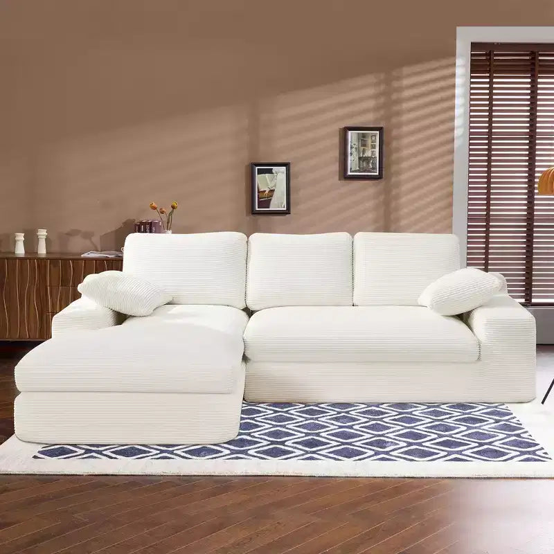 White Corduroy Comfy Sofa w/ 5 Cushions Cozy Living Room Essential
