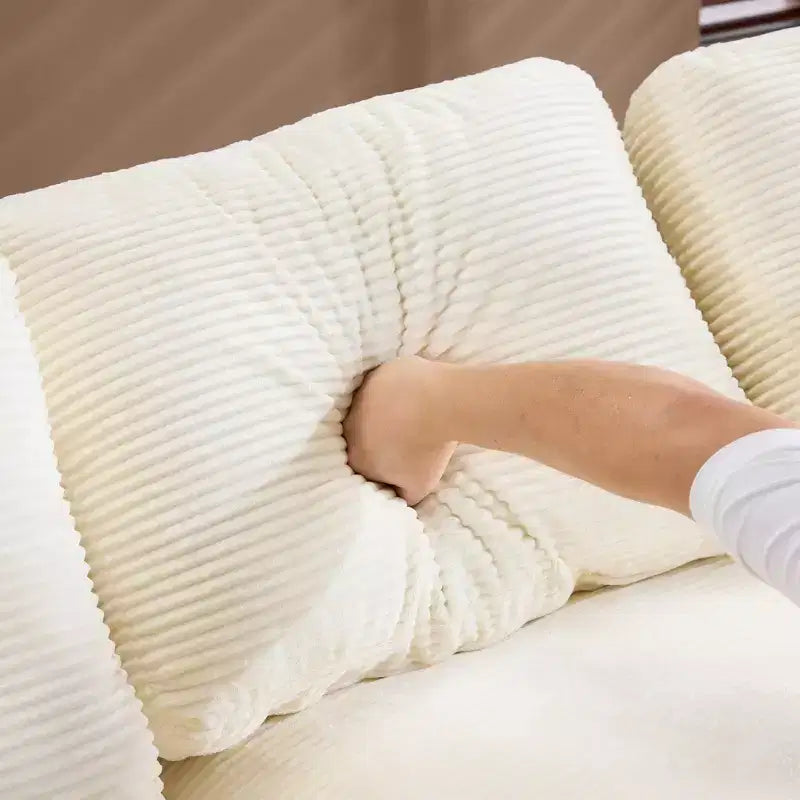 White Corduroy Comfy Sofa w/ 5 Cushions Cozy Living Room Essential