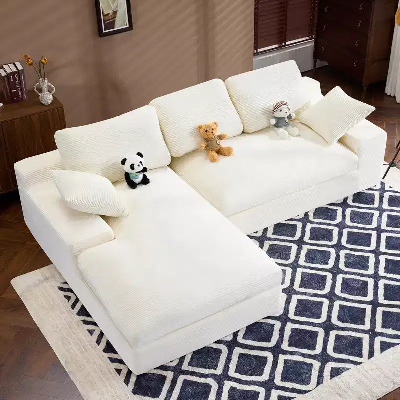 White Corduroy Comfy Sofa w/ 5 Cushions Cozy Living Room Essential