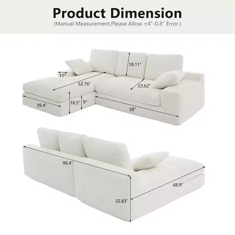 White Corduroy Comfy Sofa w/ 5 Cushions Cozy Living Room Essential