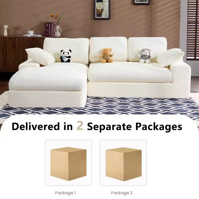 White Corduroy Comfy Sofa w/ 5 Cushions Cozy Living Room Essential