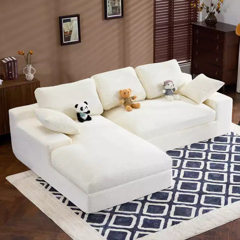 White Corduroy Comfy Sofa w/ 5 Cushions Cozy Living Room Essential