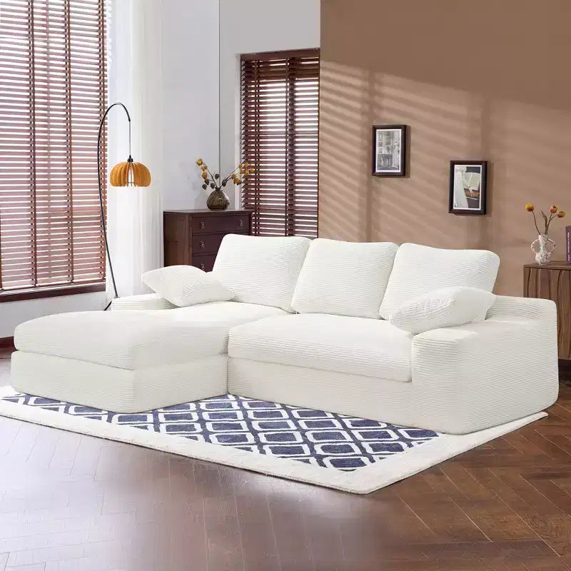 White Corduroy Comfy Sofa w/ 5 Cushions Cozy Living Room Essential