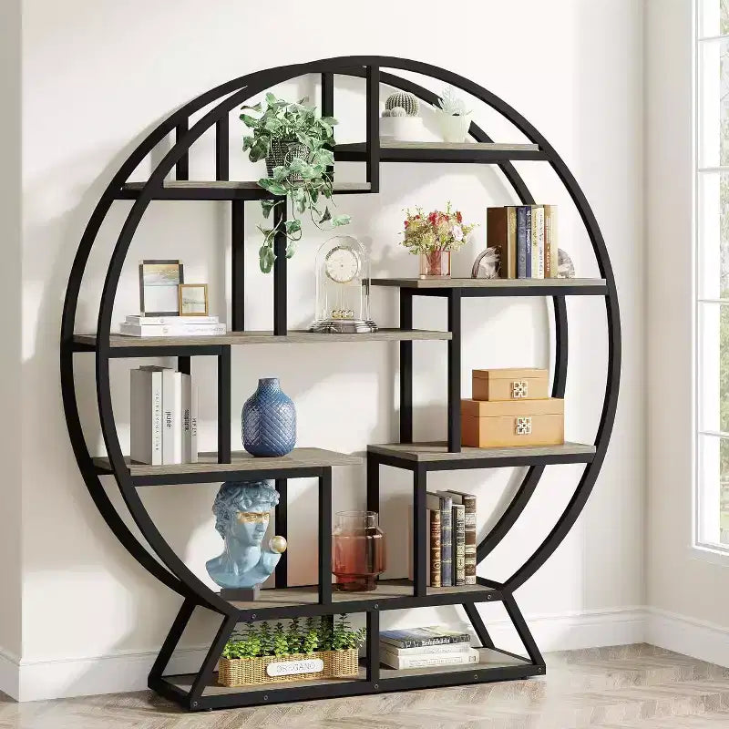 Bookshelf, 63 Inch Industrial Wood Bookcase with Staggered Shelves, Shelving Organizer Rack Display Shelf for Home Office, Living Room, Grey