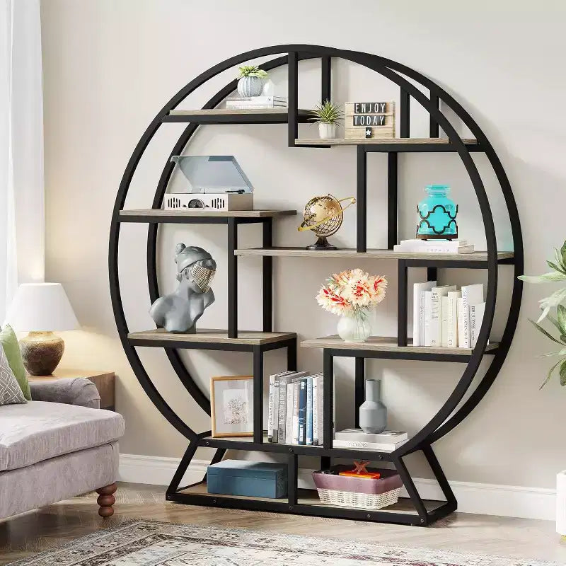 Bookshelf, 63 Inch Industrial Wood Bookcase with Staggered Shelves, Shelving Organizer Rack Display Shelf for Home Office, Living Room, Grey