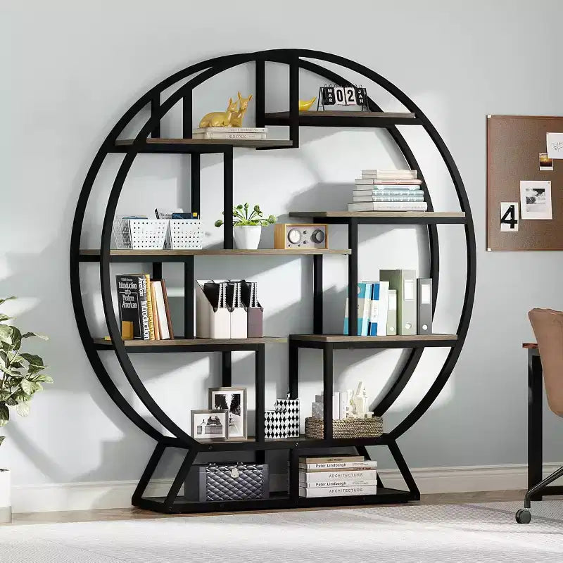 Lantine Bookshelf, 63 Inch Industrial Wood Bookcase with Staggered Shelves, Shelving Organizer Rack Display Shelf for Home Office, Living Room, Grey