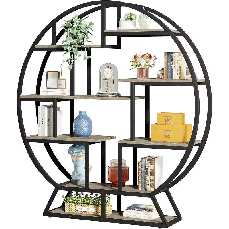 Lantine Bookshelf, 63 Inch Industrial Wood Bookcase with Staggered Shelves, Shelving Organizer Rack Display Shelf for Home Office, Living Room, Grey