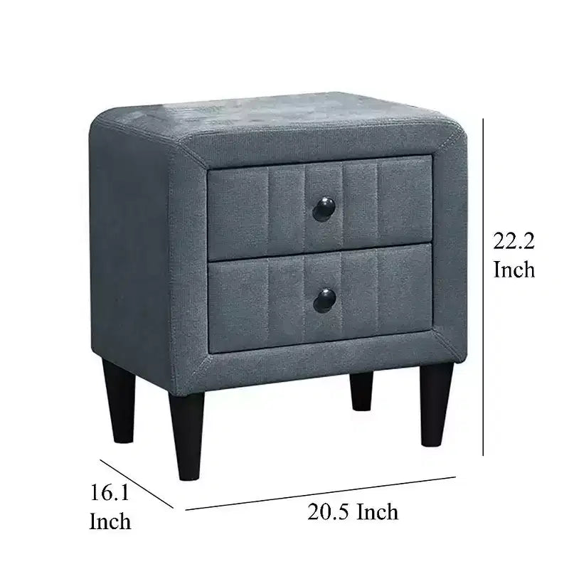Nightstand, 2 Drawer, 22 Inch Slate Gray Brushed Linen Upholstery