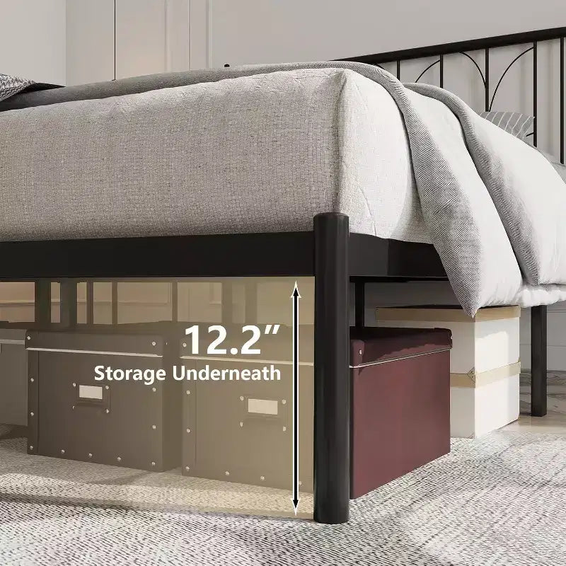 Metal Platform Bed Frame with Headboard, No Box Spring Needed Mattress Foundation with Under Bed Storage