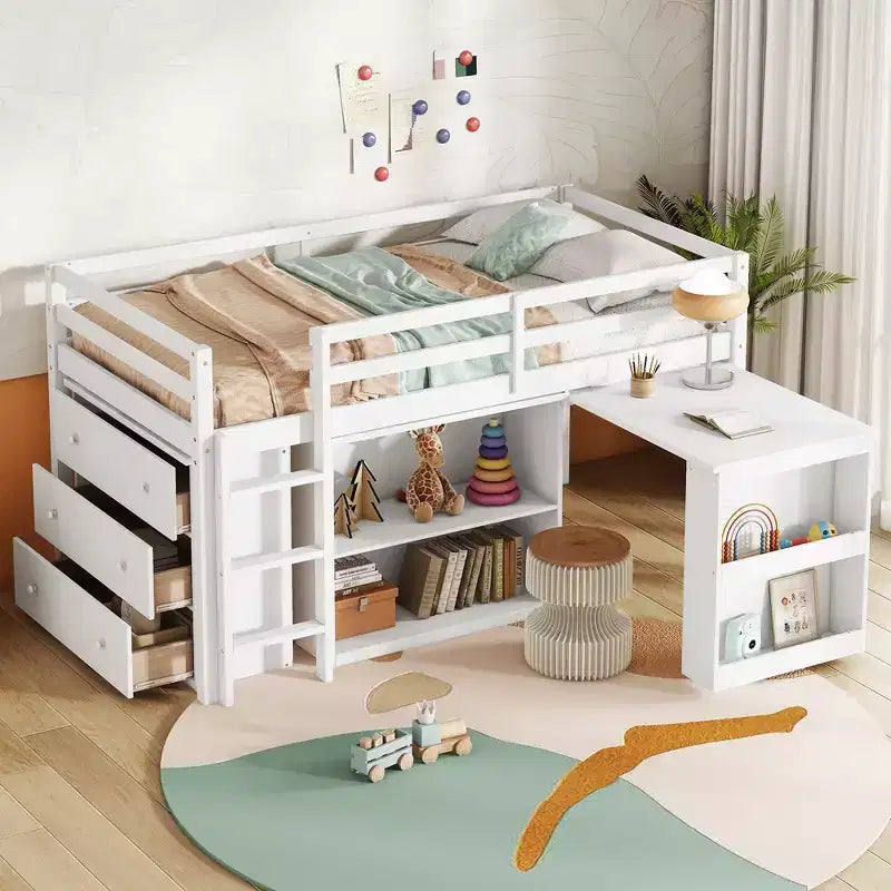 Twin Loft Bed with Drawer Cabinet Shelf Cabinet and Pulling Out Desk,Rubber Wood Loft Bed with Guardrail Ladder White