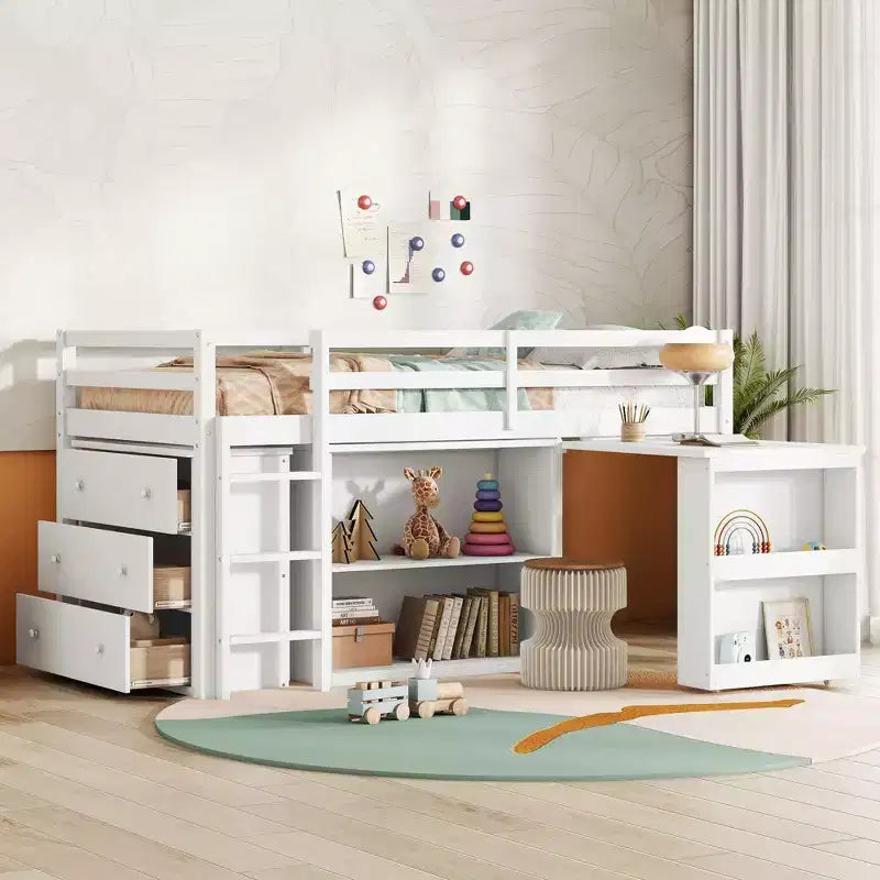 Twin Loft Bed with Drawer Cabinet Shelf Cabinet and Pulling Out Desk,Rubber Wood Loft Bed with Guardrail Ladder White