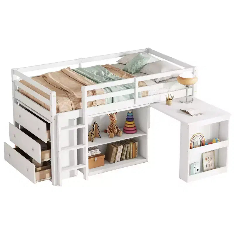Twin Loft Bed with Drawer Cabinet Shelf Cabinet and Pulling Out Desk,Rubber Wood Loft Bed with Guardrail Ladder White