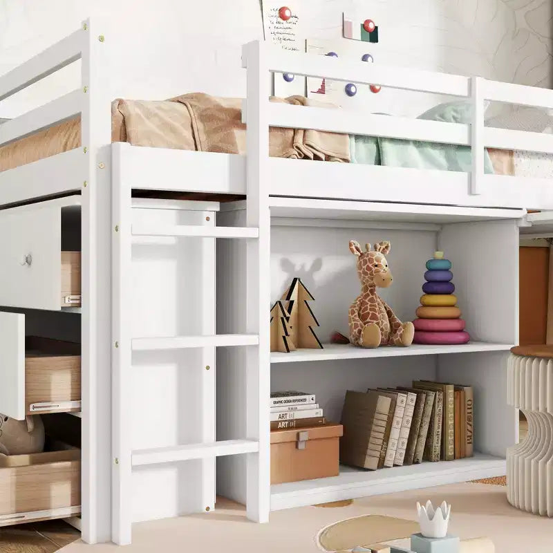Twin Loft Bed with Drawer Cabinet Shelf Cabinet and Pulling Out Desk,Rubber Wood Loft Bed with Guardrail Ladder White