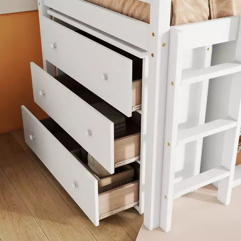 Twin Loft Bed with Drawer Cabinet Shelf Cabinet and Pulling Out Desk,Rubber Wood Loft Bed with Guardrail Ladder White