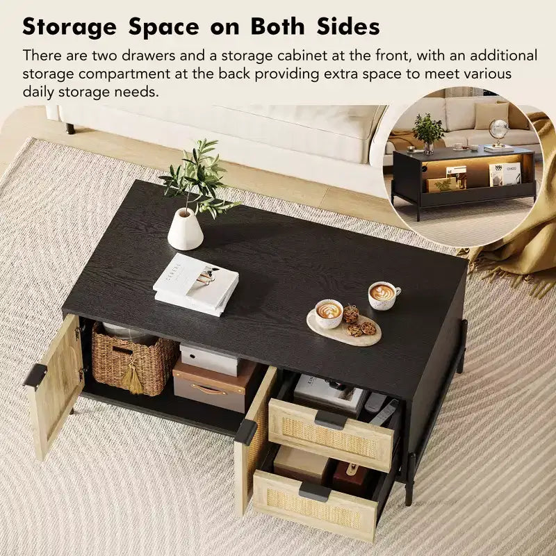 2 Drawers Storage Cabinet Rattan Coffee Table,Open Shelf for Home Office