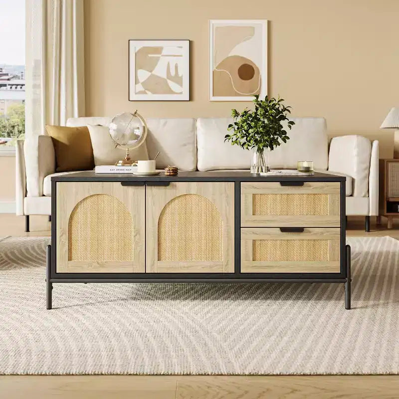 2 Drawers Storage Cabinet Rattan Coffee Table,Open Shelf for Home Office