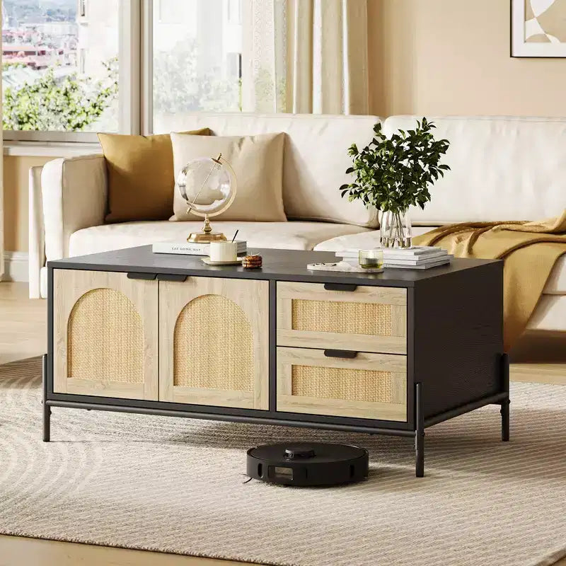 2 Drawers Storage Cabinet Rattan Coffee Table,Open Shelf for Home Office