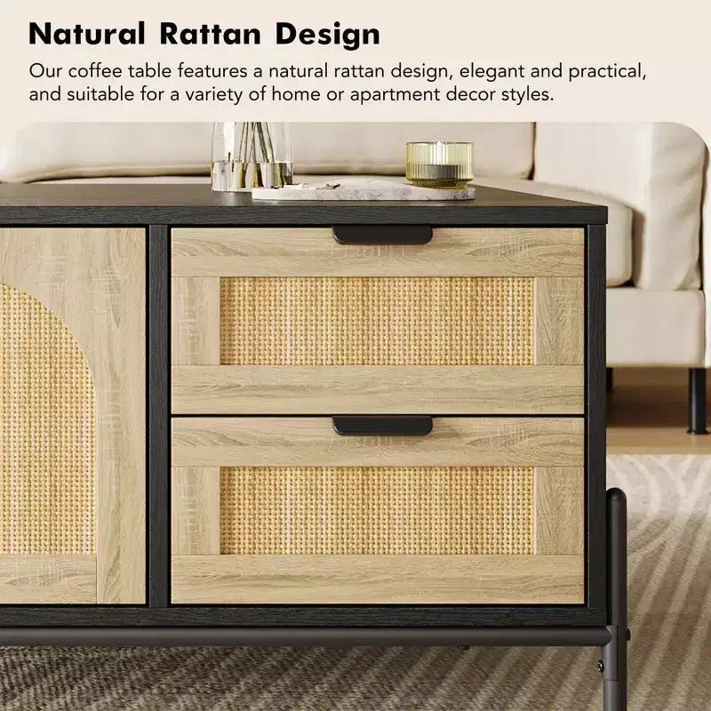 2 Drawers Storage Cabinet Rattan Coffee Table,Open Shelf for Home Office