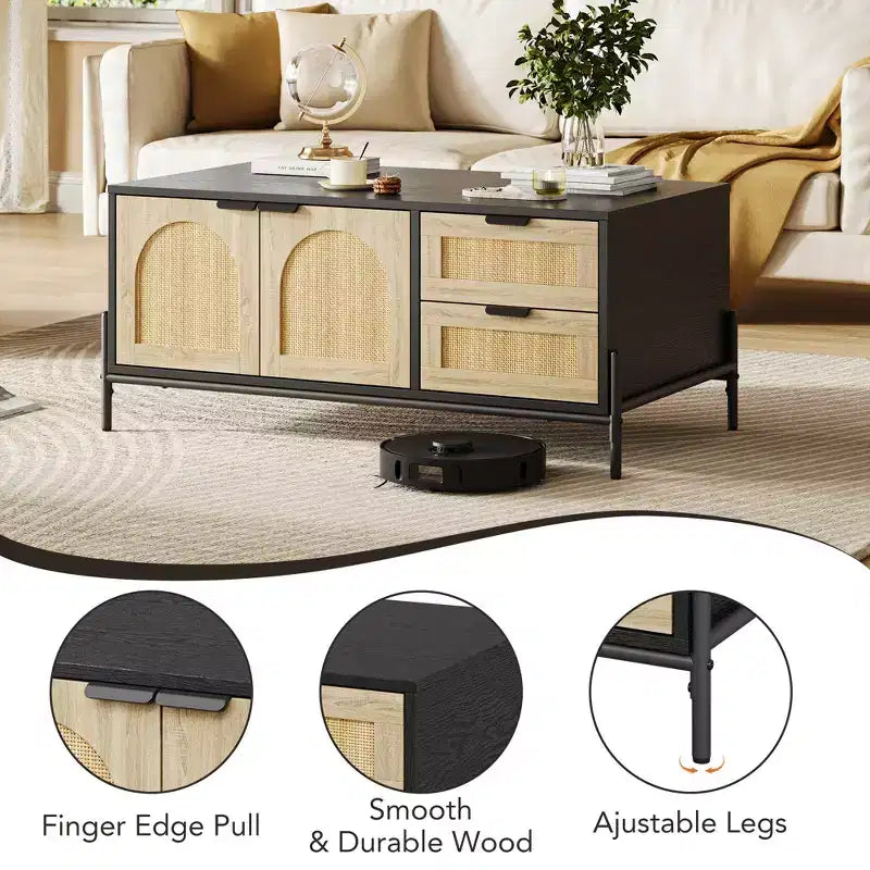 2 Drawers Storage Cabinet Rattan Coffee Table,Open Shelf for Home Office