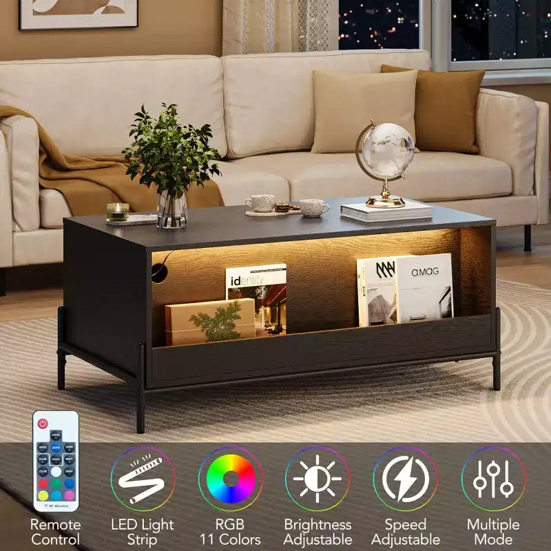 2 Drawers Storage Cabinet Rattan Coffee Table,Open Shelf for Home Office