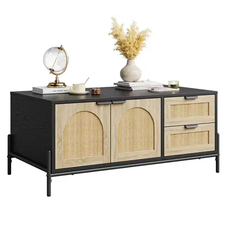 2 Drawers Storage Cabinet Rattan Coffee Table,Open Shelf for Home Office